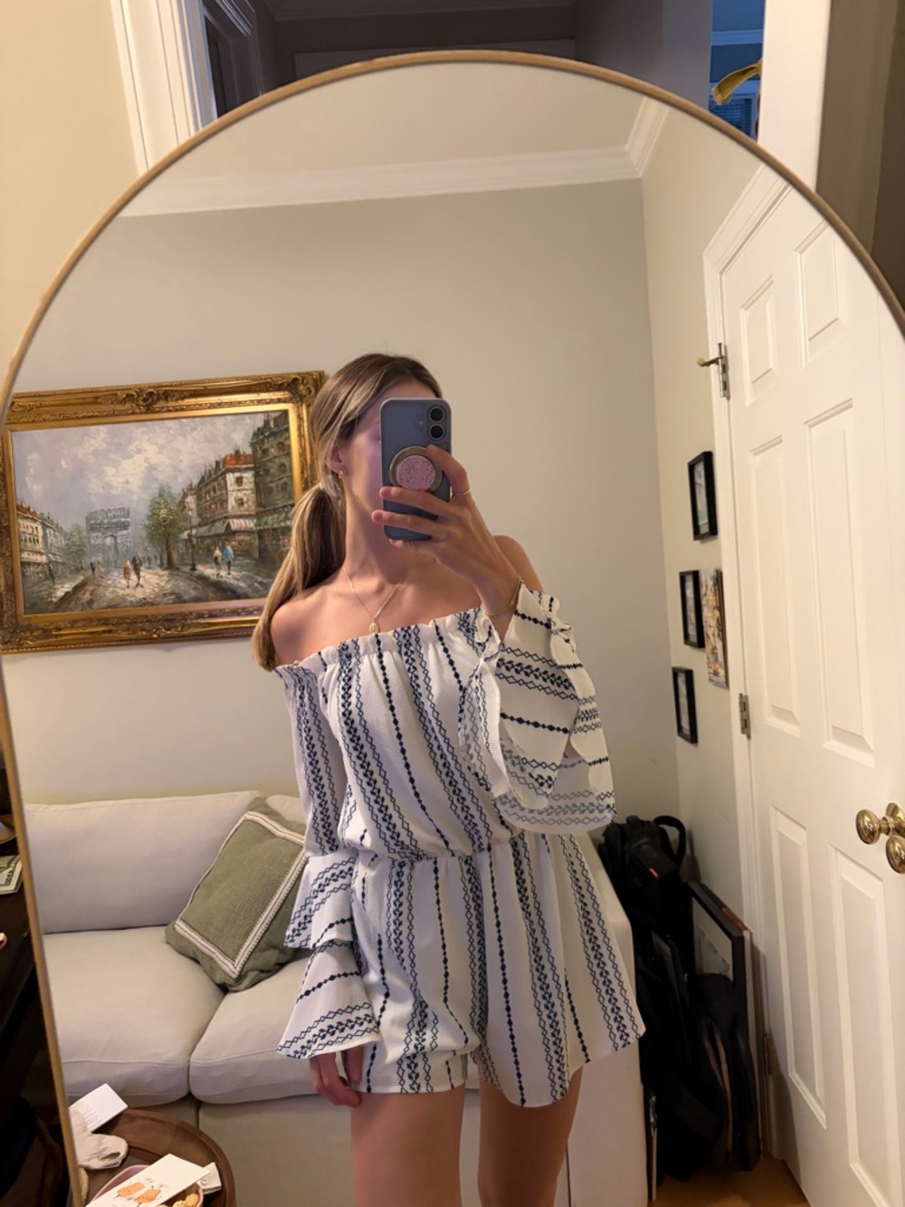 Off-Shoulder White Dress with Navy Stripe Detail